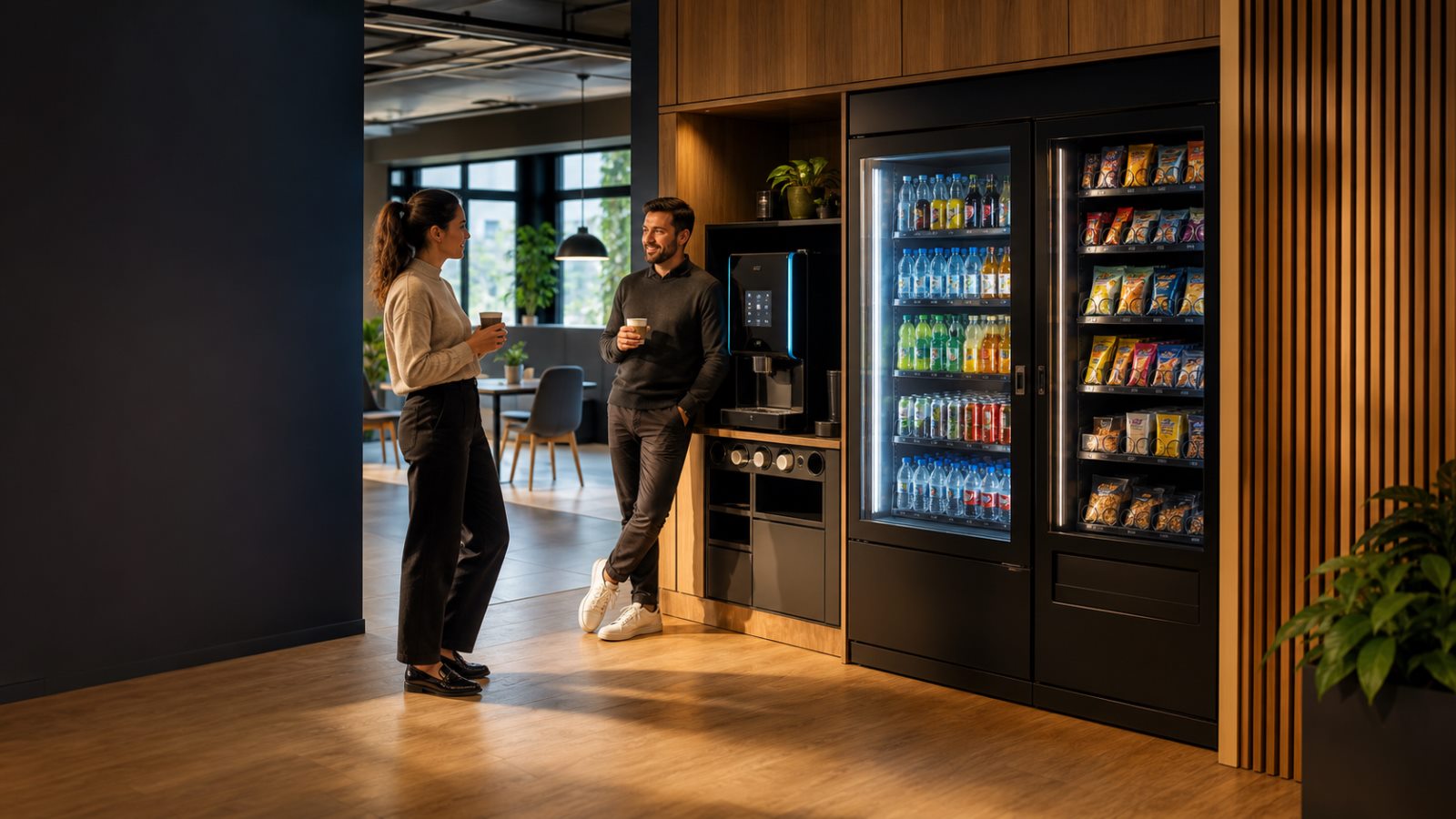 Máquinas automáticas de café, snacks e bebidas num espaço empresarial moderno